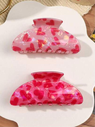 2个/套 情人节粉色醋酸纤维可爱爱心卡通印花半圆形发夹 派对发夹 中号 女士发饰 优雅发夹 时尚发夹