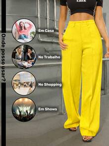 Women's Wide Leg Tailored Trousers, High Waist, Current Fashion, Premium Comfortable Fabric, Yellow - Màu vàng - Xem 3
