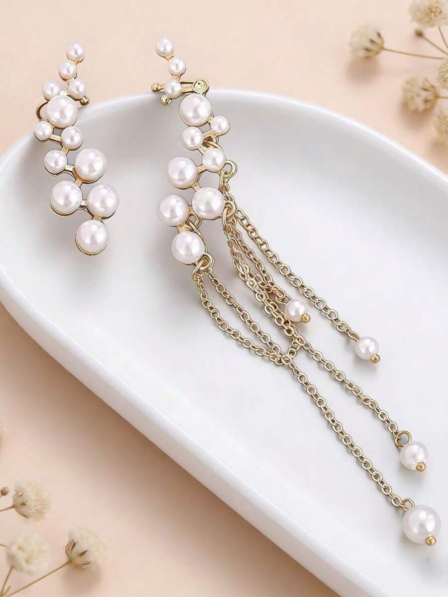 1对流苏珍珠耳坠，时尚个性化优雅新娘耳环 - 金色 - 查看 1