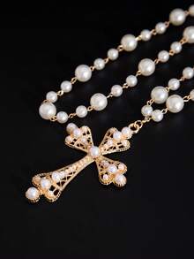 2pcs/Set Faux Pearl Cross Necklace, Fashionable Layered Beaded Choker Necklace For Men, Hip Hop Style - Pearl Cross - View 3