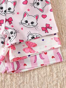 3 Sets (6pcs) Girls & Toddlers Casual Cat, Bow, Star, Heart Pattern Soft & Comfortable Flame Retardant Knit Fabric Short Sleeve T-Shirt And Shorts Pajama Sets, Suitable For Spring/Summer Wear - Multicolor - View 7