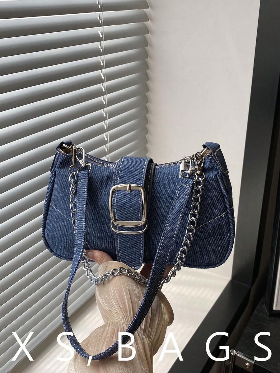 Bolso cruzado de mezclilla y lona de moda, bolso de cadena elegante para debajo del brazo para mujeres - Azul - Ver 1