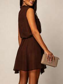 女士新款优雅时尚通勤风约会纯色荷叶边抽绳无袖夏季迷你连衣裙 - 咖啡棕 - 查看 2