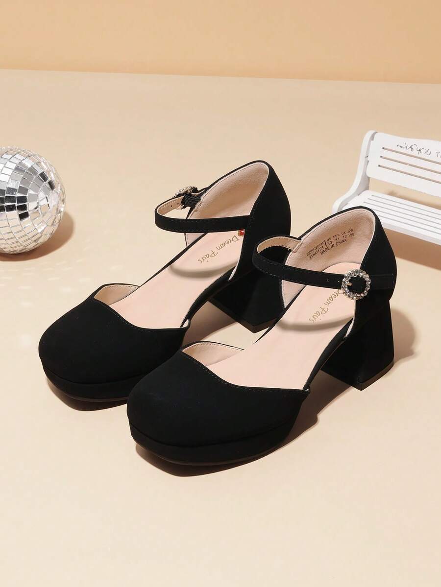 Girls Glitter Platform High Heels Square Toe Ankle Strap Wedding Party Pumps Flower Girl Shoes For Little Big Kid - màu đen - Xem 1