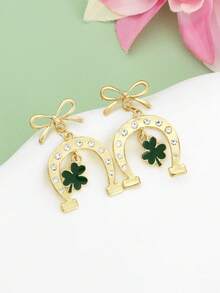 1 Pair Elegant Bow, Horseshoe, Clover Earrings, High-Quality Gift For Women On St. Patrick's Day, Graceful And Charming - Gold - View 4