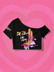 Whysmera SHEIN X Powerpuff Girls 女士不对称印花设计衬衫——打破常规的时尚单品，展现无拘无束的态度 - 彩色 - 查看 1