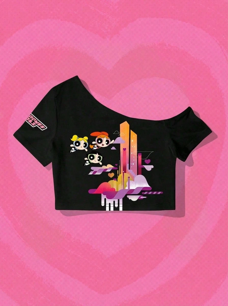 Whysmera SHEIN X Powerpuff Girls 女士不对称印花设计衬衫——打破常规的时尚单品，展现无拘无束的态度 - 彩色 - 查看 1