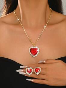 1 set de bijoux en forme de cœur, cristal rouge brillant + bordure de diamant, en cuivre, convient pour les fêtes, cadeau pour l'anniversaire/la fête des mères - Rouge - Voir 1