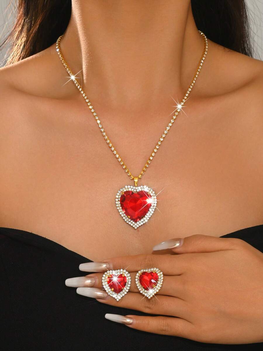 1 set de bijoux en forme de cœur, cristal rouge brillant + bordure de diamant, en cuivre, convient pour les fêtes, cadeau pour l'anniversaire/la fête des mères - Rouge - Voir 1