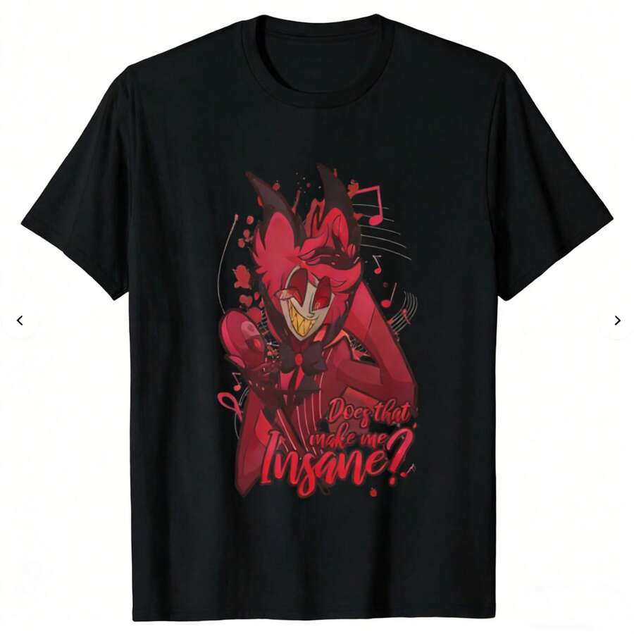 Hazbin Hotels Alastor Insane Quote T-Shirt, Anime Character Slogan Print Tee - 黑色 - 查看 1