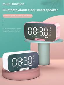 AKKHOO Altavoz Bluetooth inalámbrico con pantalla de espejo, ranura para tarjeta, reloj despertador, soporte para teléfono, visualización de temperatura en tiempo real, modos de alarma dual, altavoz Bluetooth multifuncional - Rosa - Ver 3