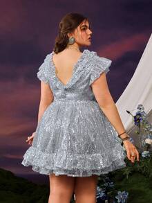 Faeriesty Elegant Sparkling Short Sleeve Dress With V-Neck, Ruffled Collar, Oversized Bow Detail For Wedding Photoshoot, Garden Ceremony, Outdoor Engagement - Silver - View 1