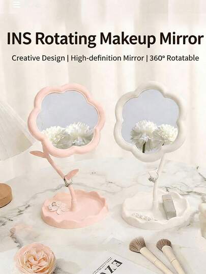 1pc Flower Shaped Makeup Mirror, 1pc Detachable Desktop Storage Makeup Mirror With Tray, Pink/White/Yellow Flower Mirror, Sunflower Goddess Makeup Mirror, Cute Desktop Makeup Mirror, Suitable For Women, Portable Makeup Mirror, Suitable For Dorm, Student, Affordable, Applicable For Desktop, Bedroom, Bathroom, Living Room, Room Decor, Home Decor, Makeup, Vanity, Travel