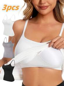 3-Pack Women's Built-In Bra Cami Tops - Seamless Longline, Soft Stretchy Fabric - Perfect For Layering & Daily Wear, Strapless Multi-Functional, Smooth All-Season, Simple Breathable Wardrobe Essential - Bộ 3 món: Đen + Trắng + Xám - Xem 1