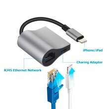 Adaptador de red Ethernet Lightning a RJ45 compatible con red Ethernet de 10/100 Mbps con puerto de carga Lightning compatible con iPhone 14 13 12 11/iPad - plateado - Ver 3