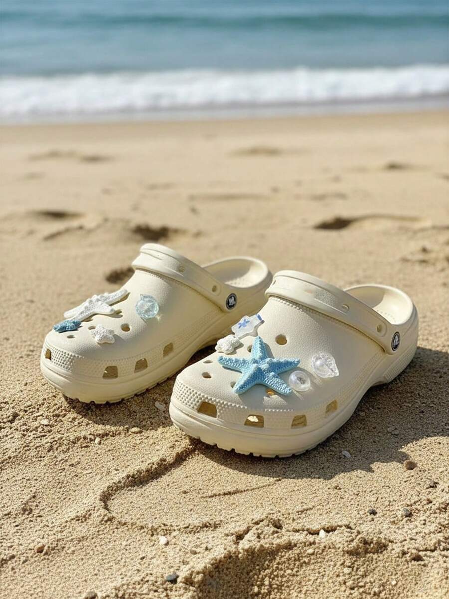 9件套可爱夏日海滩主题海星贝壳树脂DIY鞋饰，适用于花园鞋、凉鞋，情人节礼物 - 藍色 - 查看 1