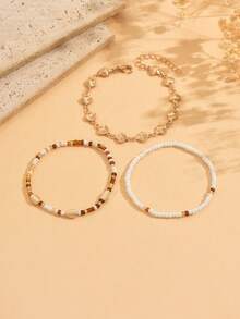 3pcs/Set Minimalist Beaded Bracelet With Golden Seashell Charms, Suitable For Daily Wear, Casual, Beach Holiday - Multicolor - View 2