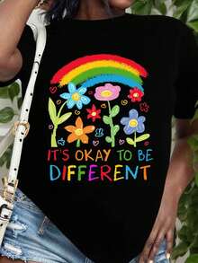 Its Okay To Be Different Rainbow Flower T-Shirt For Women Unisex Cute Colorful Design Motivational Message Shirt For Kids Adults Pride Day Celebration Gift Wearable Art Statement Top,220g - 黑色 - 查看 2