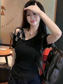 不对称蝴蝶结设计露肩短袖T恤，修身打底上衣，女士黑色夏季款 - 黑色 - 查看 5