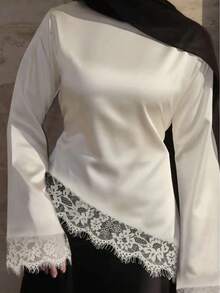 优雅缎面阿拉伯长袍上衣，饰有蕾丝边，穆斯林风格长袖衬衫 - 白色 - 查看 1