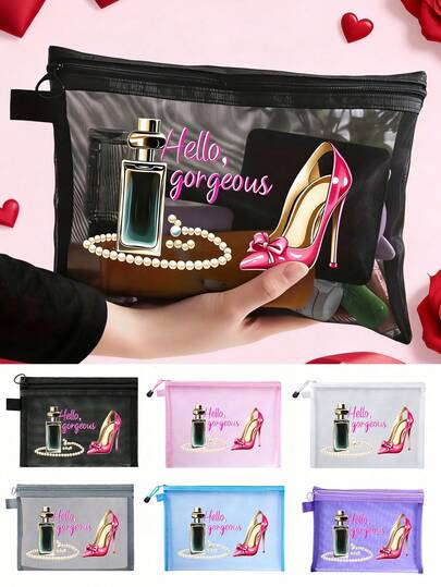 Mesh Cosmetic Bag, With Cartoon Perfume Pearl Necklace And High Heel Shoe Pattern, Featuring "Hello, Gorgeous" Letter Pattern, Multifunctional Cosmetic Bag, Used For Clips, Headband, Red Air Cushion Storage Portable Storage Bag, Cosmetic Bag, Skin Care Bag, Travel Necessities, Dormitory Supplies