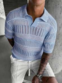 YONGC Men's Fashionable Lightweight Hollow Striped Knit Polo Shirt, Breathable Short Sleeve Versatile Knit Top, Casual & Comfortable Wear For Men In Spring/Summer - Baby Blue - View 3