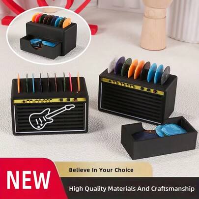 6pcs Guitar Pick Holder Case + 5pcs Guitar Picks, [Random Color Picks], 0.96mm Thickness, Vintage Amplifier Design Multi-Compartment Organizer Box, Portable Durable Plastic Material Suitable For Guitar/Bass/Ukulele Picks - Essential Accessory For Guitarists