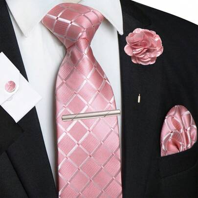 1 件/2 件/3 件/4 件/5 件男士粉色格子真丝领带套装，格子缎面真丝领带，口袋巾，袖扣，银色领带夹和六角星，飞机，音符，闪电胸针组合套装，男士理想礼物，适用于婚礼，商务，正式，约会，宴会，婚纱摄影，毕业季等更多场合男士领带