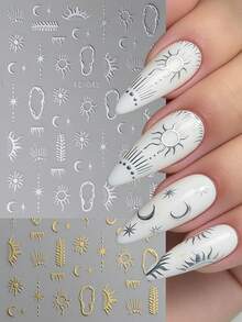 Bộ sticker dán móng tay 3D lấp lánh vàng bạc ánh kim - Hình dán tự dính chủ đề Mặt Trời, Mặt Trăng, Sao và Không Gian với hiệu ứng lấp lánh cho móng tay acrylic bóng, trang trí móng tay DIY hình hoạt hình thiên thể. - Vàng - Xem 2