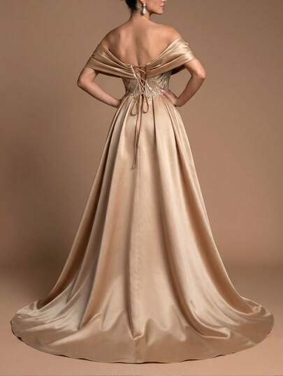 Faeriesty Luxury Off-Shoulder Beaded Gown With Satin Contrast Panels & Fish Tail Skirt - Floor-Length Evening Dress For Formal Events