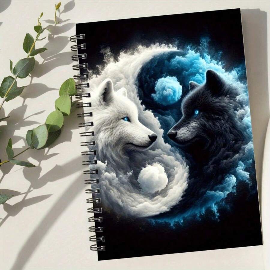 1A5 神秘狼与阴阳螺旋笔记本 - A5 尺寸日记本,蓝眼狼与夜空封面,阴阳设计,装订 - 阴阳封面(深蓝/黑色)适用于学校、办公室、日记 - 便携式笔记本 - 狼 - 查看 1