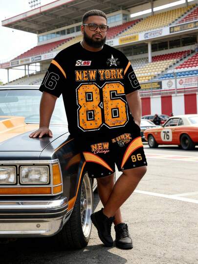 男士加大码“纽约”字母印花运动套装，夏季时尚数字印花加大码短袖短裤两件套休闲套装，适合日常穿着和运动。