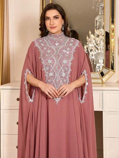 Plus Size Arabic Style Dress With Elegant Applique And Pearl Beading, Batwing Half Sleeve Stand Collar, Long Woven Fabric
