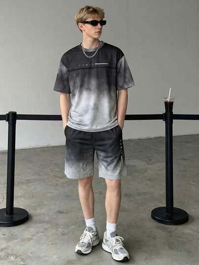Set de 2 piezas de camiseta de manga corta y pantalones cortos para adolescentes de primavera/verano, degradado de negro y gris con estampado de la letra PARIS, conjunto de estilo casual minimalista y de calle adecuado para uso diario, campus y reuniones de ocio