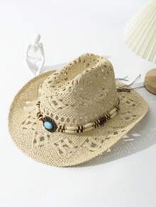 1pc Unisex Wooden Bead Decor Boho Ridge Wide Brim Hollow Out Hand Woven Cowgirl Hat Travel Shade Breathable Adjustable Chin Strap Travel Shade Windproof Rope Casual Handmade Beach Hat Cowboy Hat Straw Hat Sun Hat - 米色 - 查看 3