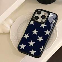 Navy Blue Background Silver Star Textured Pattern 17 Pro Max Phone Case, 16 Pro 15 14 13 12 11 Shockproof, Minimalist Creative, Premium High-Quality TPU With Straight Edge Glass Protection, Holiday Gift, Suitable For Various Occasions - Black - View 1