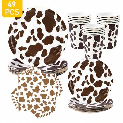1 Set Brown Cow Print Disposable Plates, Napkins, Cups, Suitable For 8 Guests, Disposable Paper Plates Party Supplies For Birthday, Wedding, Theme Party, Family Picnic