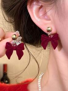 1 Pair Niche Cute Fashion Versatile Bow Knot Stud Earrings, Suitable For Teenage Girls Daily And Holiday Wear - Red - View 2