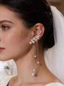 1对流苏珍珠耳坠，时尚个性化优雅新娘耳环 - 金色 - 查看 2