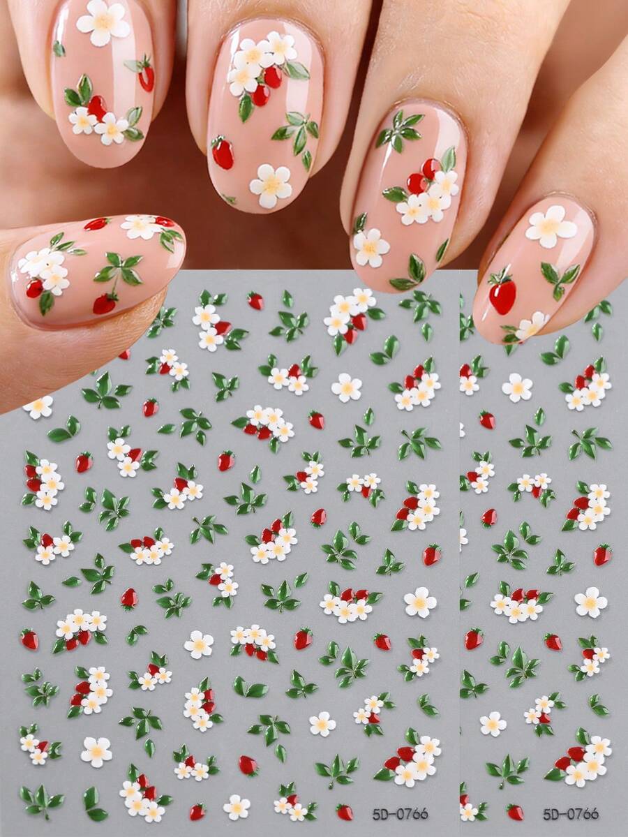 1片装 5D果冻白百合花美甲贴纸 牡丹玫瑰山茶花绿叶浮雕美甲贴花 春季精致美甲装饰贴纸 - 綠色 - 查看 1
