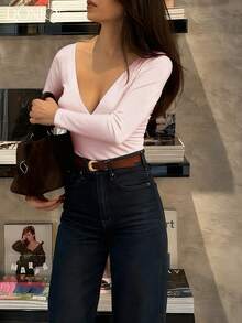 DONICY 女士纯色深V领露背长袖T恤，基础款上衣，深V百搭款式，适合春夏外出、约会、聚会、叠穿、休闲商务、居家休闲等场合穿着。 - 淺粉色 - 查看 8