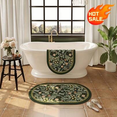 1 tấm thảm phòng tắm cao cấp màu xanh lá cây họa tiết hoa làm từ đất tảo cát - Thấm hút nước nhanh, mặt đế cao su chống trượt, thích hợp cho nhà vệ sinh, bồn tắm hoặc khu vực vòi sen. Họa tiết trang nhã lấy cảm hứng từ khu vườn với hoa màu be và hồng, bề mặt mềm mại, có thể giặt máy và dễ dàng vệ sinh.