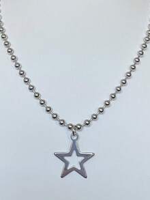 1pc Star Pendant Necklace, Beaded Chain, Punk Necklace, Pendant Necklace, Unisex - Hollow Five-pointed Star - View 2