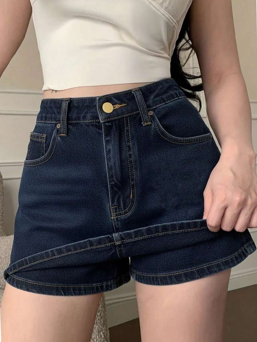 Women's High-Waisted Denim Short Skirt, Cotton, No Stretch, NEW 2025 - 深色水洗藍 - 查看 1