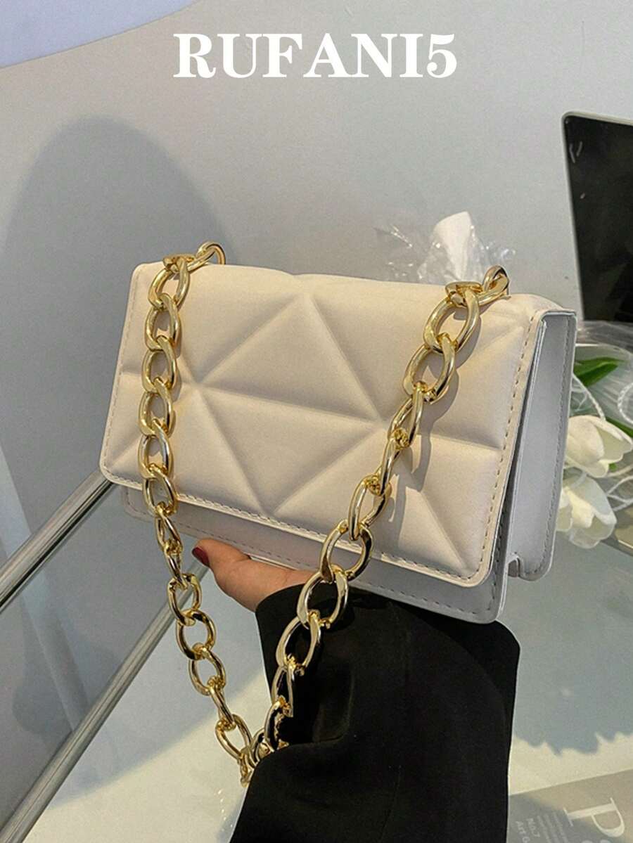 輕便商務休閒迷你幾何壓花鏈條翻蓋方形包適合青少年女孩女大學生、菜鳥和白領完美適合辦公室、大學、工作、商務、通勤、戶外、旅行、郊遊 - 米色 - 查看 1