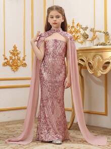 Tween Girl's Sequins Patchwork Cape Sleeve Fish Tail Dress Formal Suit - Dusty Pink - View 5