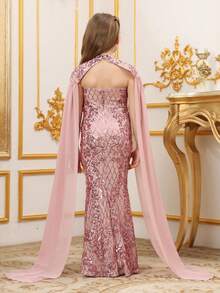 Tween Girl's Sequins Patchwork Cape Sleeve Fish Tail Dress Formal Suit - Dusty Pink - View 2