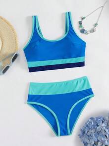 弹力撞色运动吊带泳衣 - 女士聚酰胺和氨纶混纺圆领 - 可拆卸胸垫，适合运动休闲度假海滩夏季穿着 - 寶藍色 - 查看 8