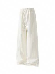 1pc Men's Apricot Loose Casual Pants, Vertical Striped Texture, Drawstring Elastic Waist, Breathable And Smooth, Not Easy To Sweat, All-Match Versatile Casual Style Trousers, Suitable For Summer Commuting And Leisure Wear - Apricot - View 3