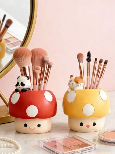 1ชิ้น ที่ใส่แปรงแต่งหน้าทรงเห็ดน่ารัก, กล่องจัดระเบียบเดสก์ท็อป Kawaii, เหมาะสำหรับโต๊ะเครื่องแป้ง, ภาชนะเก็บของตกแต่งรูปสัตว์สำหรับเครื่องสำอางและเครื่องเขียน